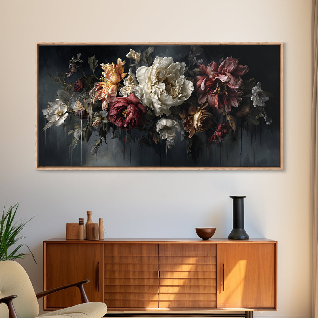 Dark Floral Bouquet Canvas Print, Dark Art, Oil Painting, Living Room Decor, Nocturne, Gothic Wall Decor, Man Cave Decor, DAR-2x1-61