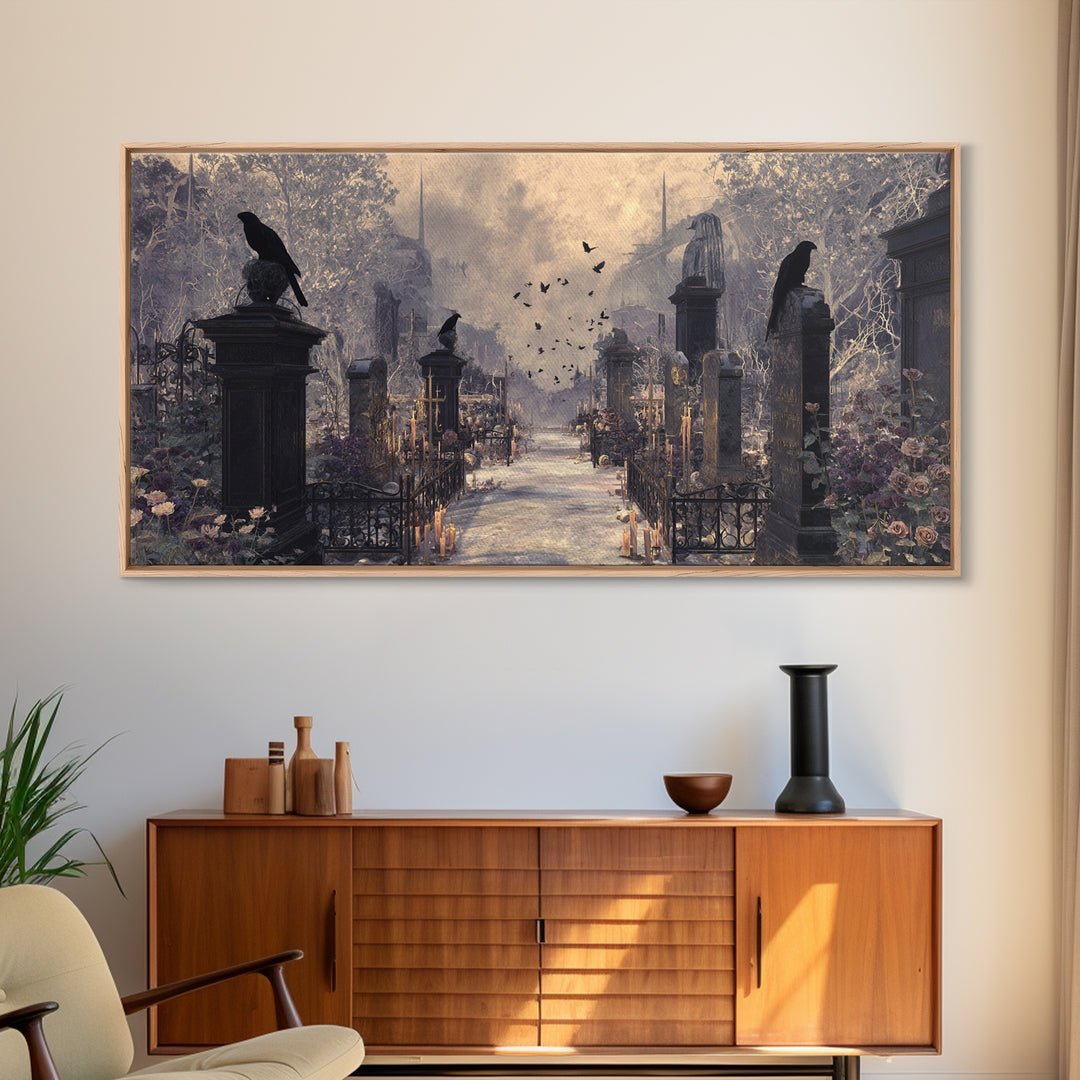 Silent Graveyard with Blue Moon Haze Canvas Print, Dark Art, Wall Art, Living Room Decor, Oil Painting, Nocturne, Original Art, DAR-2x1-62
