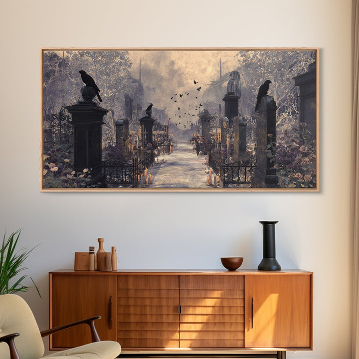 Silent Graveyard with Blue Moon Haze Canvas Print, Dark Art, Wall Art, Living Room Decor, Oil Painting, Nocturne, Original Art, DAR-2x1-62