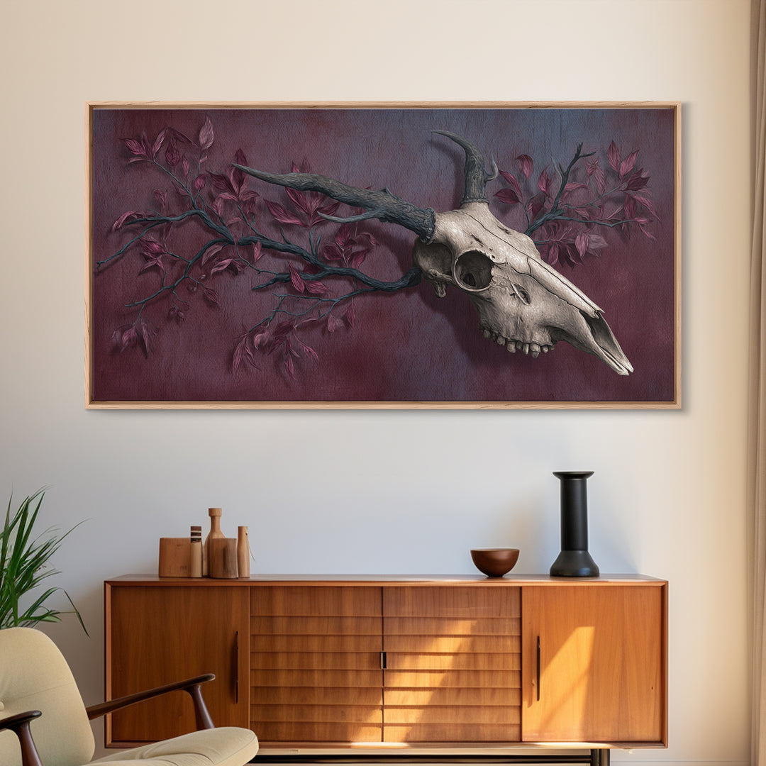 Shadowy Deer Skull Framed Canvas Print, Dark Art, Painting, Living Room Decor, Watercolor Art, Nocturne, Gothic Wall Art, DAR-2x1-7