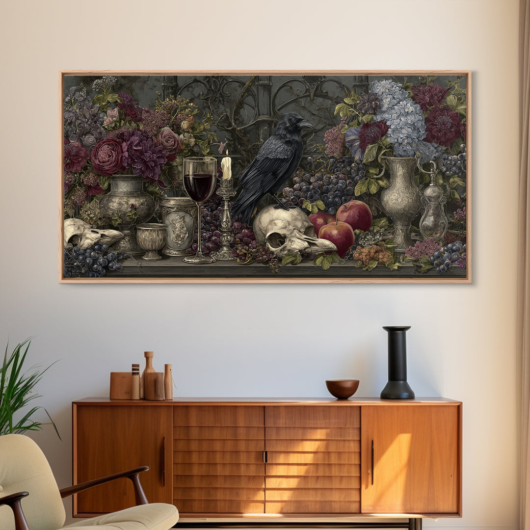 Witchy Still Life of Herbs Candles and Canvas Print, Dark Art, Watercolor Painting, Living Room Decor, Fine Art, Nocturne, DAR-2x1-76