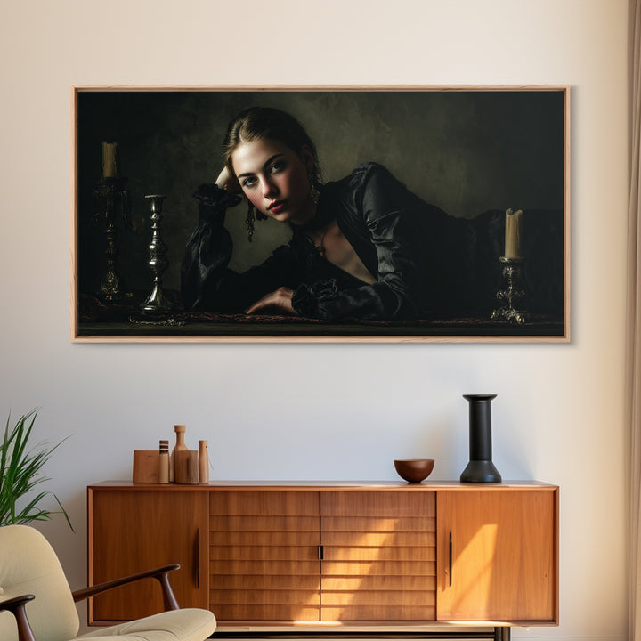 Vampire Inspired Portrait with Pale Dramatic Light Framed Canvas Print, Dark Art, Goth Decor, Living Room Decor, Nocturne, DAR-2x1-81