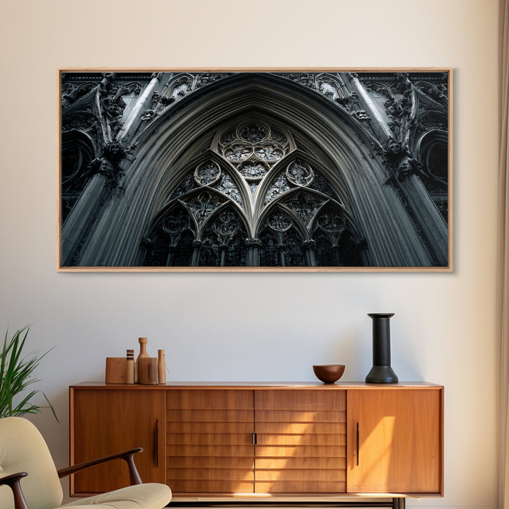 Gothic Cathedral Window Framed Canvas Print, Dark Art, Moody Wall Art, Living Room Decor, Fine Art, Nocturne, Gallery Decor, DAR-2x1-84