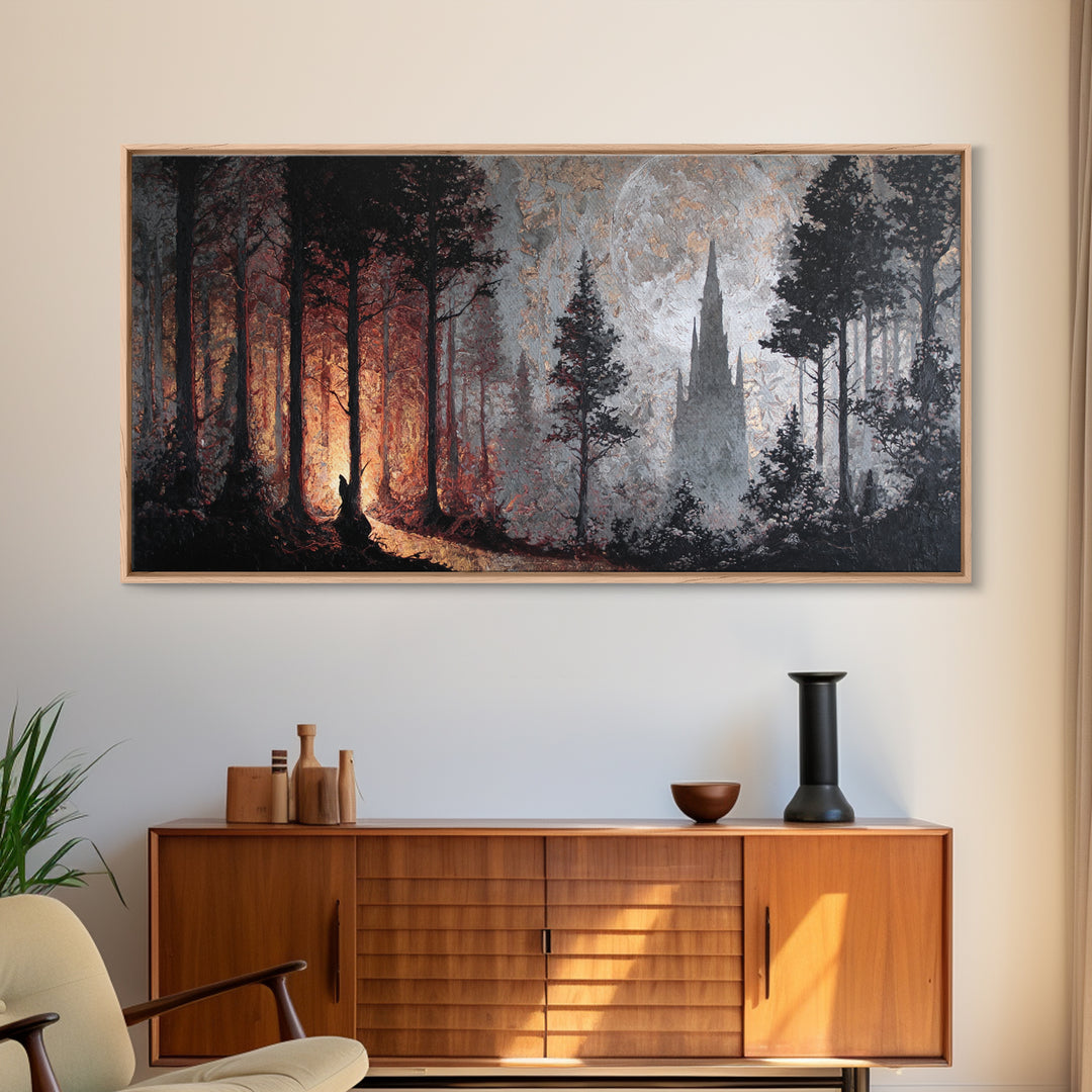 Owl in a Midnight Pine Forest Framed Canvas Print, Dark Art, Art Print, Living Room Decor, Fine Art, Nocturne, Halloween Art, DAR-2x1-90