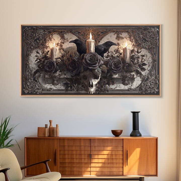 Black Roses Blooming from Cracked Stone Canvas Print, Dark Art, Digital Art, Living Room Decor, Nocturne, Unique Wall Decor, DAR-2x1-94