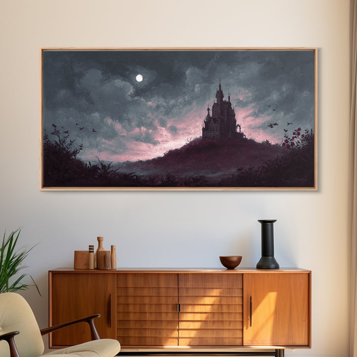Haunted Mansion Silhouette on Distant Hill Canvas Print, Dark Art, Living Room Decor, Watercolor Art, Nocturne, DAR-2x1-98