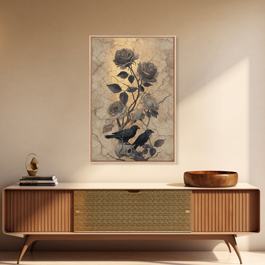Black Roses Blooming from Cracked Stone Framed Canvas Print, Dark Art, Painting, Living Room Decor, Fine Art, Nocturne, DAR-2x3-34