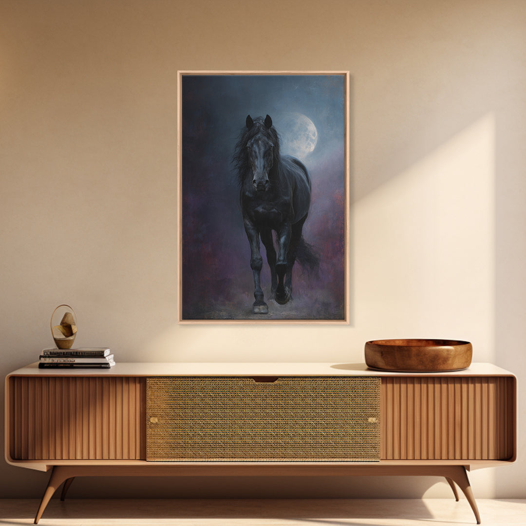 Black Horse Emerging from Smoke Framed Canvas Print, Dark Art, Living Room Decor, Oil Painting, Nocturne, Halloween Art, DAR-2x3-51