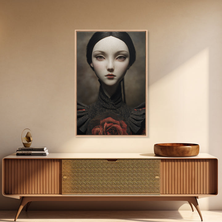Cracked Porcelain Doll Portrait Framed Canvas Print, Dark Art, Digital Art, Living Room Decor, Nocturne, Unique Wall Decor, DAR-2x3-55