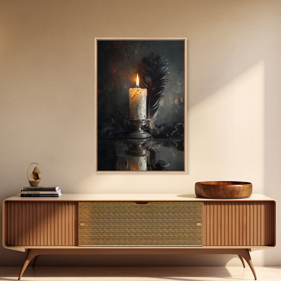 Candle Flame Reflecting Framed Canvas Print, Dark Art, Living Room Decor, Abstract Art, Nocturne, Dark Academia, DAR-2x3-56