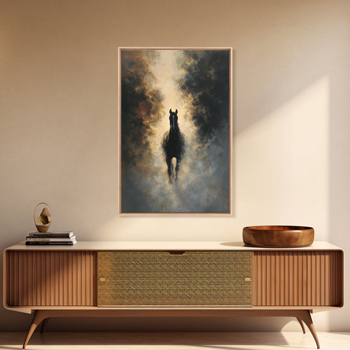 Black Horse Emerging from Smoke Framed Canvas Print, Dark Art, Moody Wall Art, Living Room Decor, Fine Art, Nocturne, DAR-2x3-75