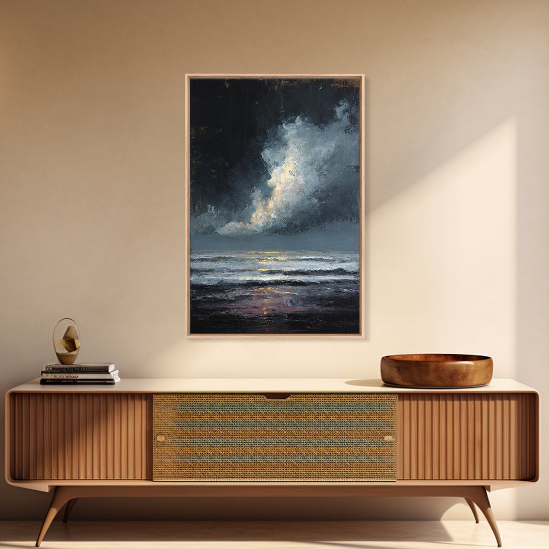 Stormy Sea under a Nearly Black Sky Framed Canvas Print, Dark Art, Horror Decor, Living Room Decor, Fine Art, Nocturne, DAR-2x3-85
