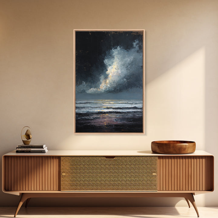 Stormy Sea under a Nearly Black Sky Framed Canvas Print, Dark Art, Horror Decor, Living Room Decor, Fine Art, Nocturne, DAR-2x3-85
