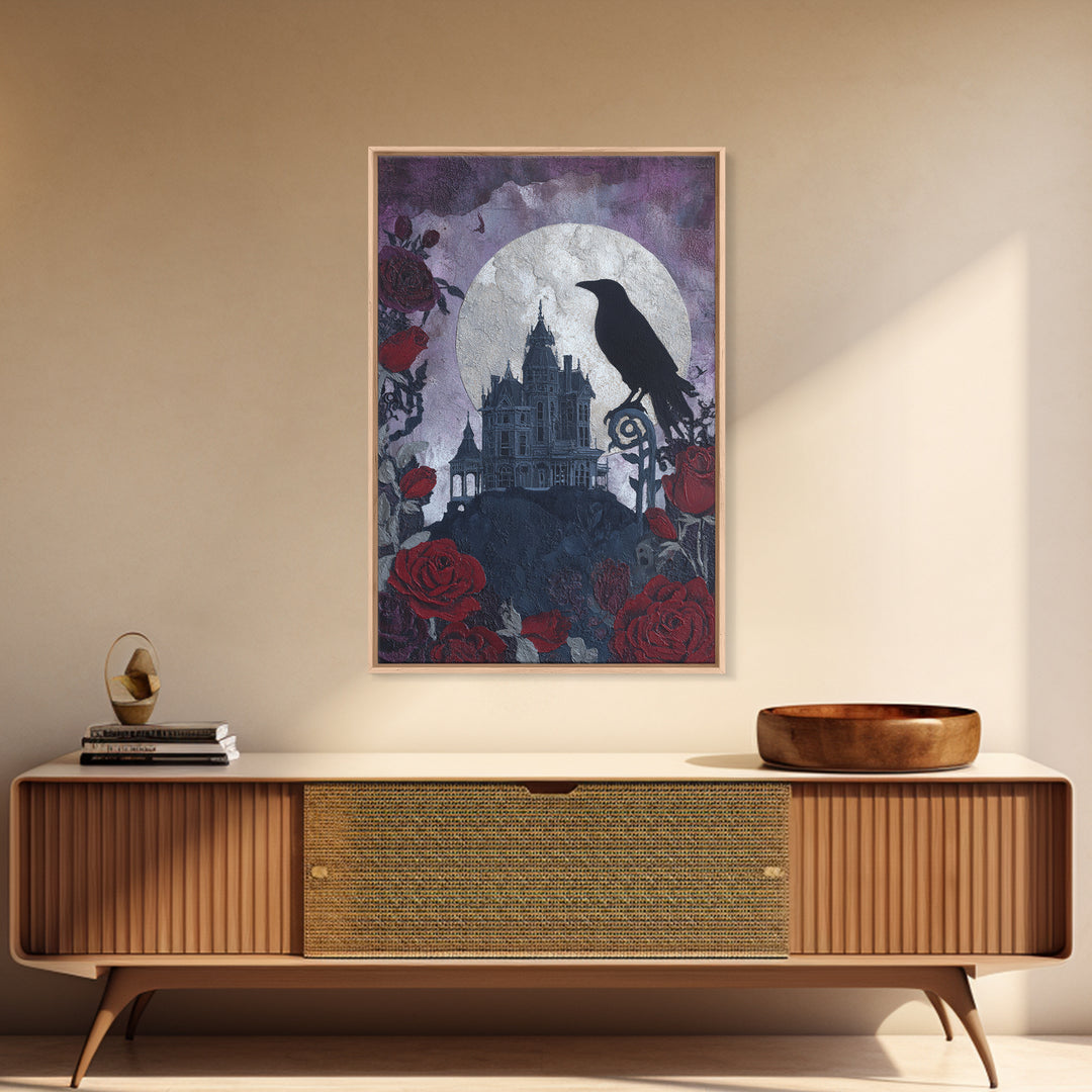 Haunted Mansion Silhouette on Distant Hill Canvas Print, Dark Art, Gothic Decor, Living Room Decor, Abstract Art, Nocturne, DAR-2x3-86