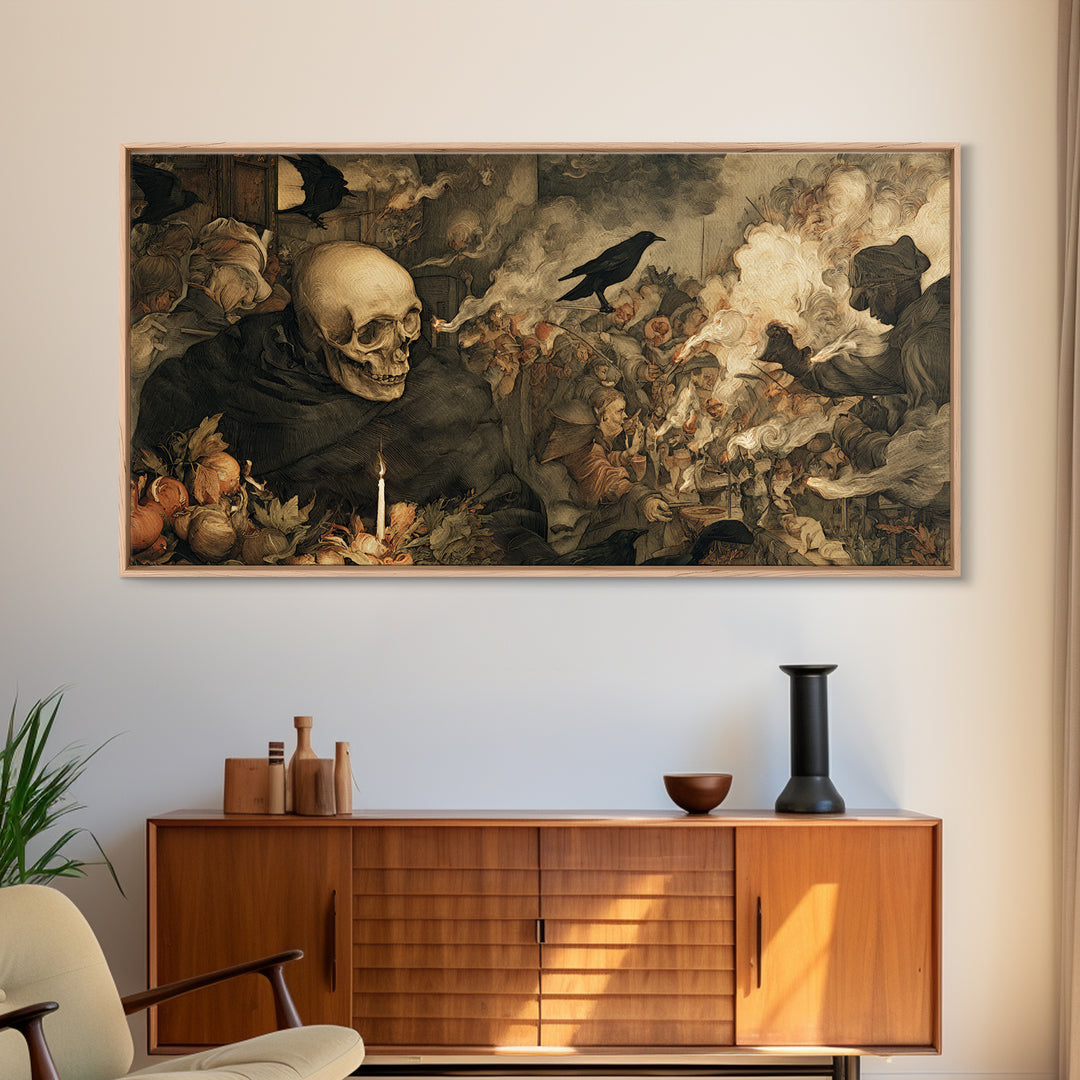The Talking Skull, Northern Renaissance Horror, Wide Panoramic Art, Dark Halloween Decor, Framed Canvas Print, Halloween Wall Art