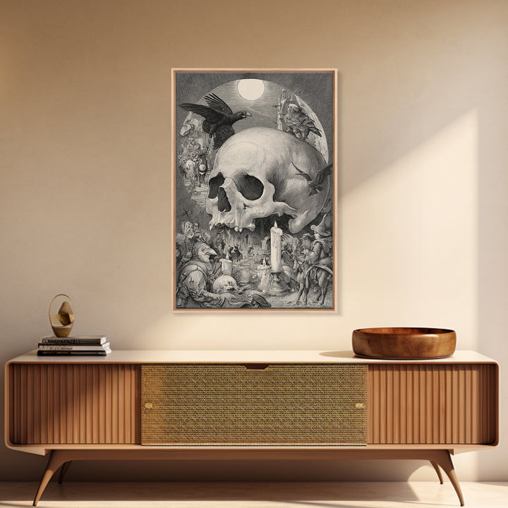 The Talking Skull, Renaissance Engraving Art, Vertical Wall Art, Dark Fantasy Wall Art, Canvas Print, Halloween Wall Art