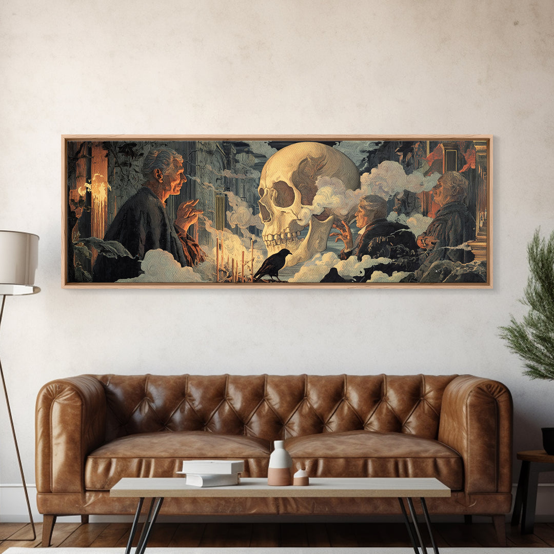 The Talking Skull, Apocalyptic Romantic Art, Extra Wide Wall Art, Macabre Wall Art, Framed Canvas Print, Halloween Wall Art