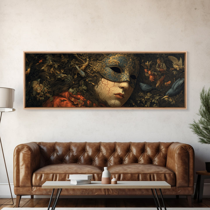 The Cracked Porcelain Mask, Medieval Grotesque Art, Extra Wide Wall Art, Dark Halloween Decor, Framed Canvas Print, Spooky Wall Decor