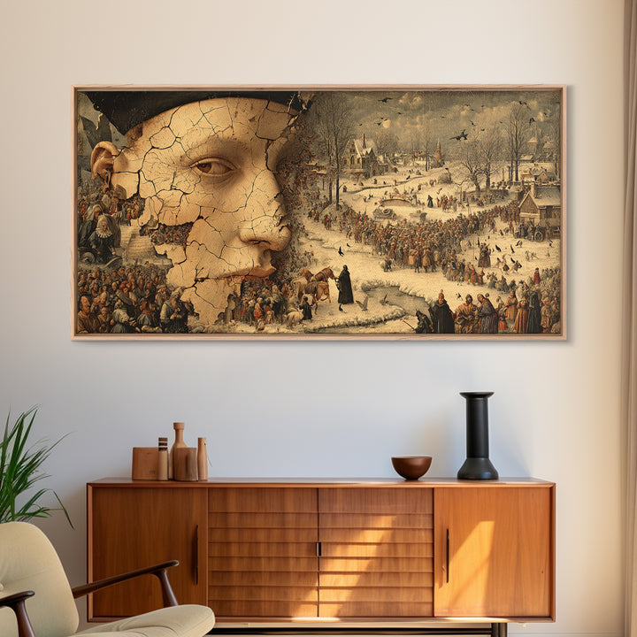 The Cracked Porcelain Mask, Northern Renaissance Horror, Wide Panoramic Art, Gothic Horror Wall Art, Canvas Print