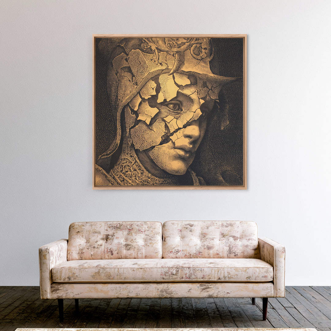 The Cracked Porcelain Mask, Renaissance Engraving Art, Square Wall Art, Dark Halloween Decor, Canvas Print, Halloween Wall Art