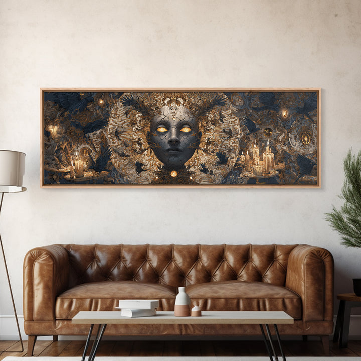 The Cracked Porcelain Mask, Visionary Gothic Art, Extra Wide Wall Art, Dark Halloween Decor, Framed Canvas Print, Halloween Wall Art