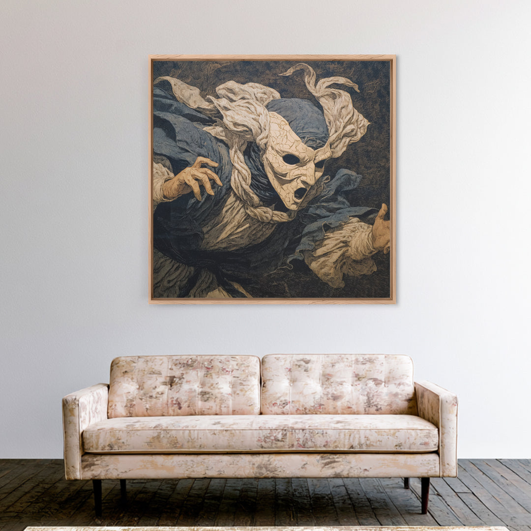 The Cracked Porcelain Mask, Symbolist Etching Art, Square Wall Art, Gothic Horror Wall Art, Framed Canvas Print, Halloween Wall Art