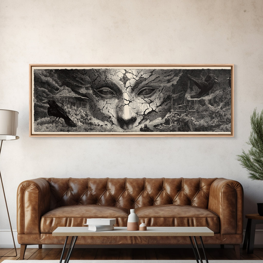 The Cracked Porcelain Mask, Expressionist Nightmare Art, Extra Wide Wall Art, Gothic Horror Wall Art, Framed Canvas Print
