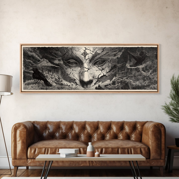 The Cracked Porcelain Mask, Expressionist Nightmare Art, Extra Wide Wall Art, Gothic Horror Wall Art, Framed Canvas Print