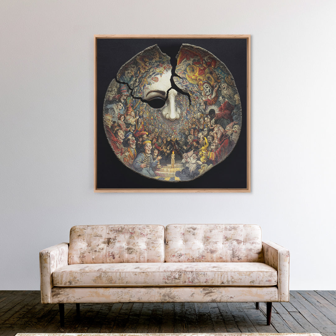 The Cracked Porcelain Mask, Grotesque Carnival Art, Square Wall Art, Dark Fantasy Wall Art, Canvas Print, Halloween Wall Art