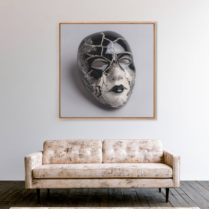 The Cracked Porcelain Mask, Macabre Folk Print Art, Square Wall Art, Gothic Horror Wall Art, Framed Canvas Print