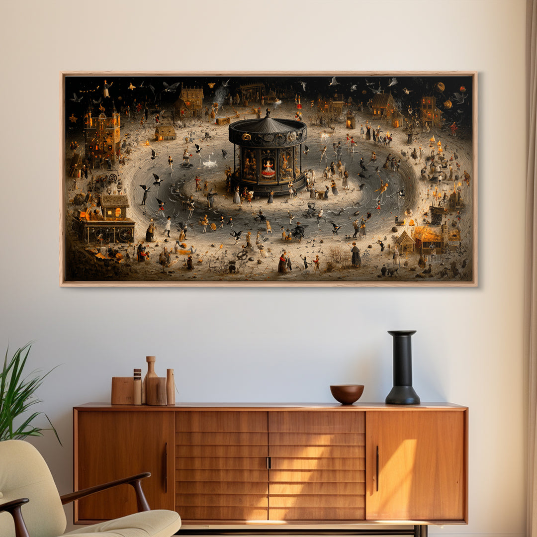 The Haunted Music Box, Northern Renaissance Horror, Wide Panoramic Art, Macabre Wall Art, Framed Canvas Print, Halloween Wall Art