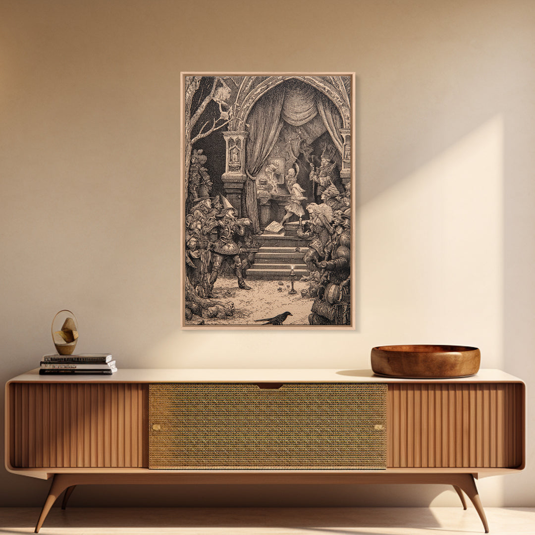 The Haunted Music Box, Renaissance Engraving Art, Vertical Wall Art, Macabre Wall Art, Framed Canvas Print, Halloween Wall Art