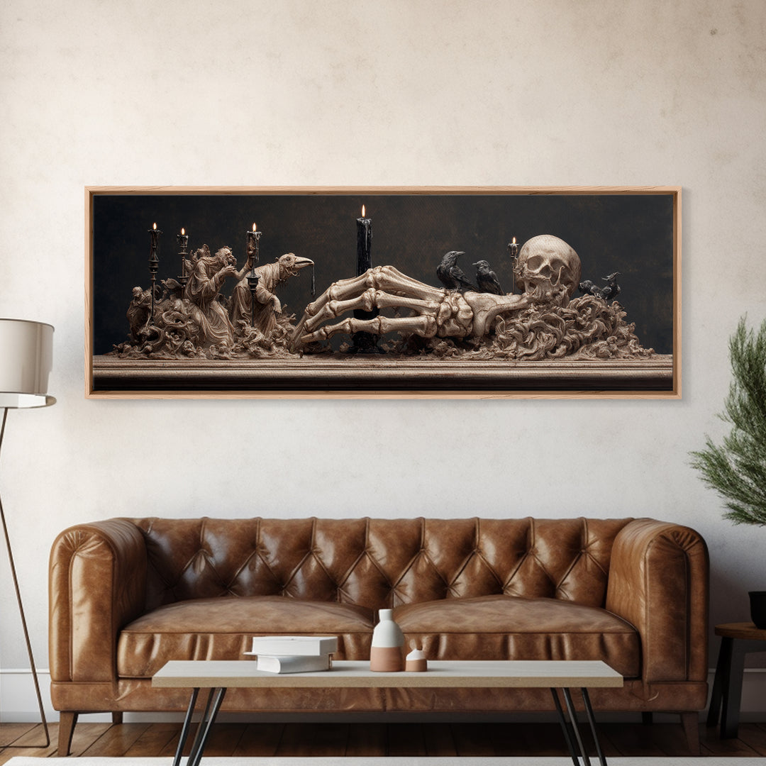 The Skeletal Hand Candleholder, Medieval Grotesque Art, Extra Wide Wall Art, Gothic Horror Wall Art, Canvas Print, Halloween Wall Art