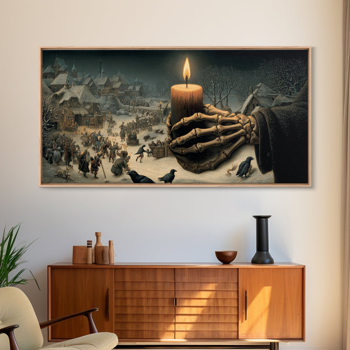 The Skeletal Hand Candleholder, Northern Renaissance Horror, Wide Panoramic Art, Dark Fantasy Wall Art, Framed Canvas Print