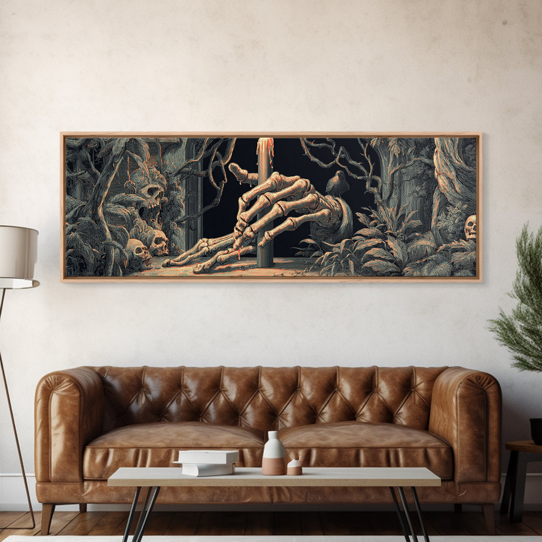 The Skeletal Hand Candleholder, Dark Renaissance Art, Extra Wide Wall Art, Dark Fantasy Wall Art, Framed Canvas Print