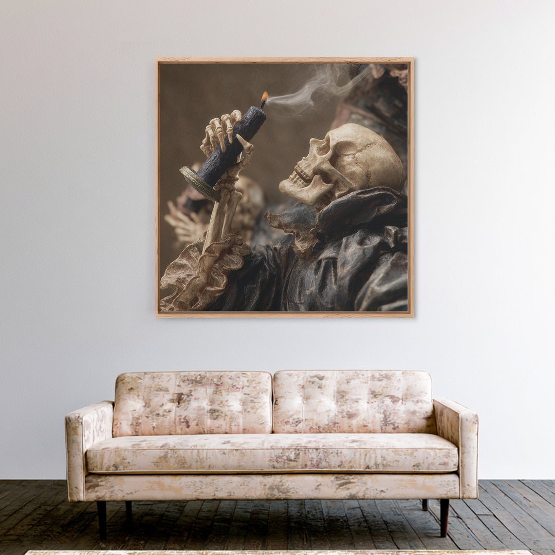 The Skeletal Hand Candleholder, Danse Macabre Art, Square Wall Art, Dark Halloween Decor, Canvas Print, Horror Wall Art
