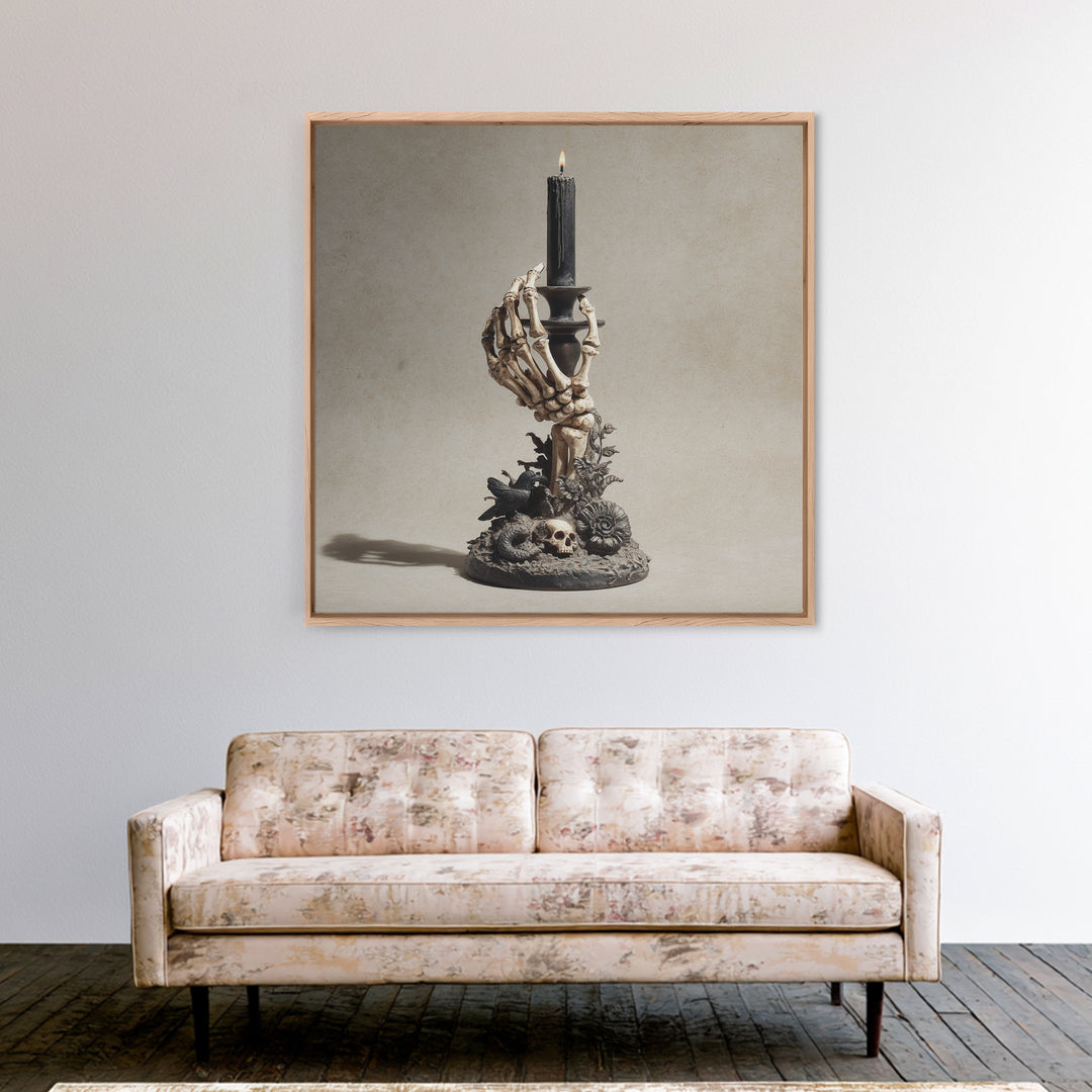 The Skeletal Hand Candleholder, Symbolist Dream Art, Square Wall Art, Dark Fantasy Wall Art, Framed Canvas Print, Halloween Wall Art