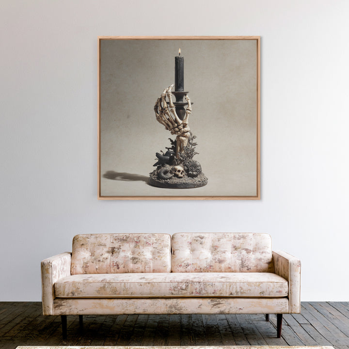 The Skeletal Hand Candleholder, Symbolist Dream Art, Square Wall Art, Dark Fantasy Wall Art, Framed Canvas Print, Halloween Wall Art
