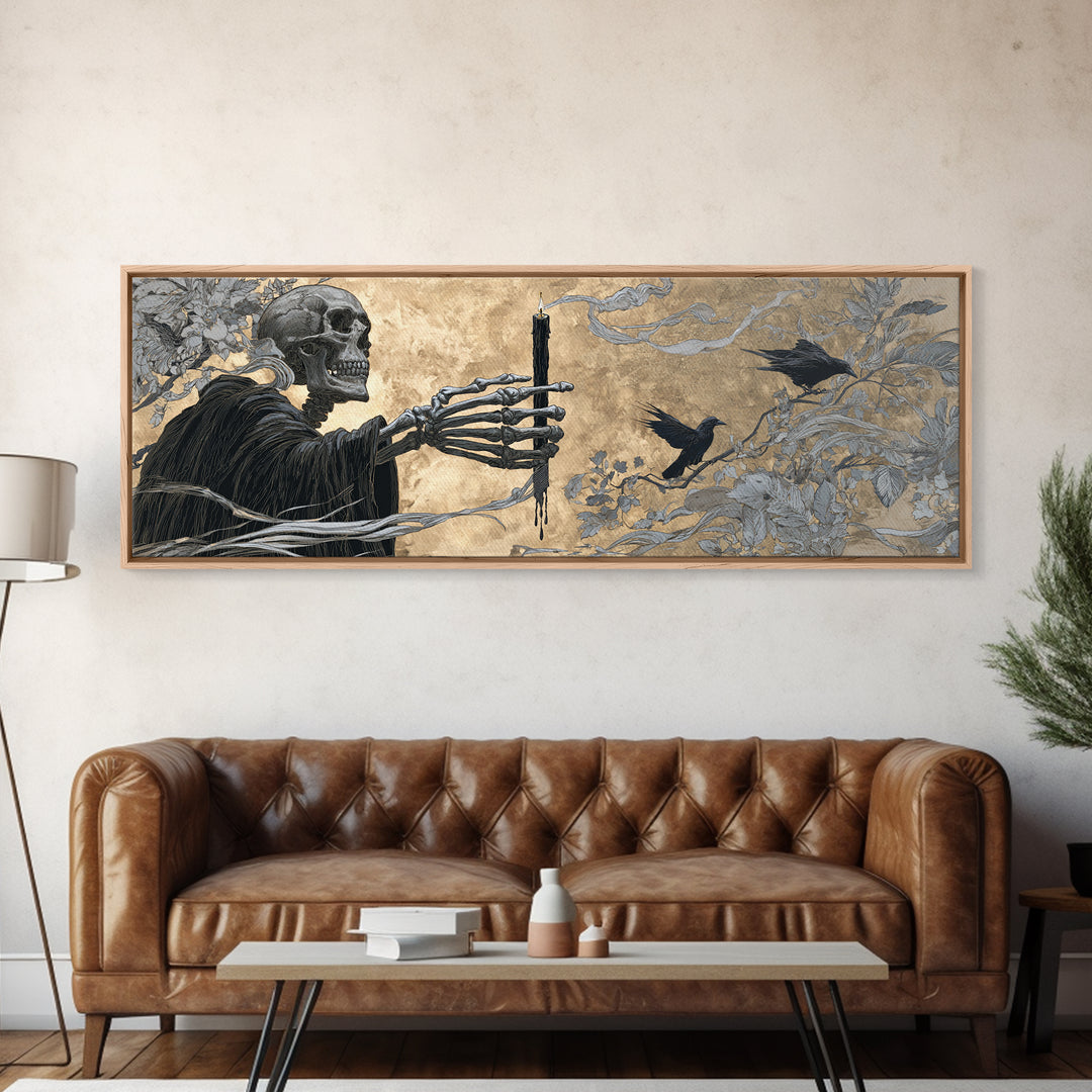 The Skeletal Hand Candleholder, Symbolist Death Art, Extra Wide Wall Art, Gothic Horror Wall Art, Canvas Print, Halloween Wall Art