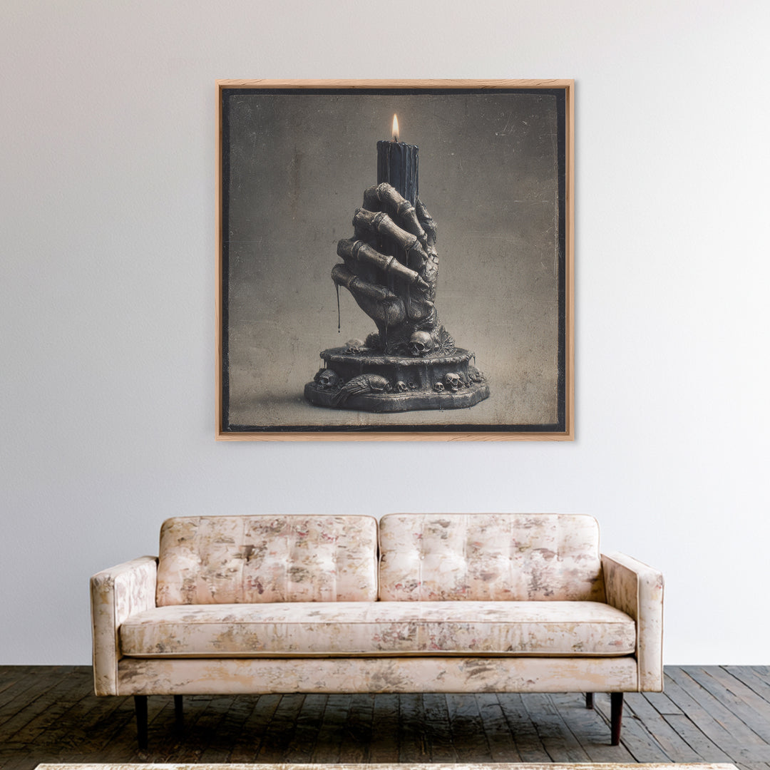 The Skeletal Hand Candleholder, Dark Symbolist Art, Square Wall Art, Macabre Wall Art, Canvas Print, Halloween Wall Art