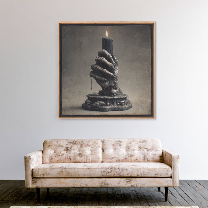 The Skeletal Hand Candleholder, Dark Symbolist Art, Square Wall Art, Macabre Wall Art, Canvas Print, Halloween Wall Art