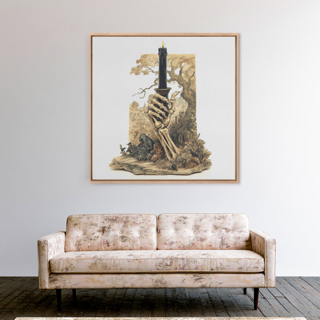 The Skeletal Hand Candleholder, Gothic Storybook Art, Square Wall Art, Macabre Wall Art, Canvas Print, Halloween Wall Art
