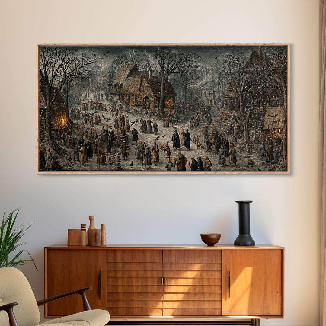 The Black Wax Candle, Northern Renaissance Horror, Wide Panoramic Art, Dark Halloween Decor, Framed Canvas Print