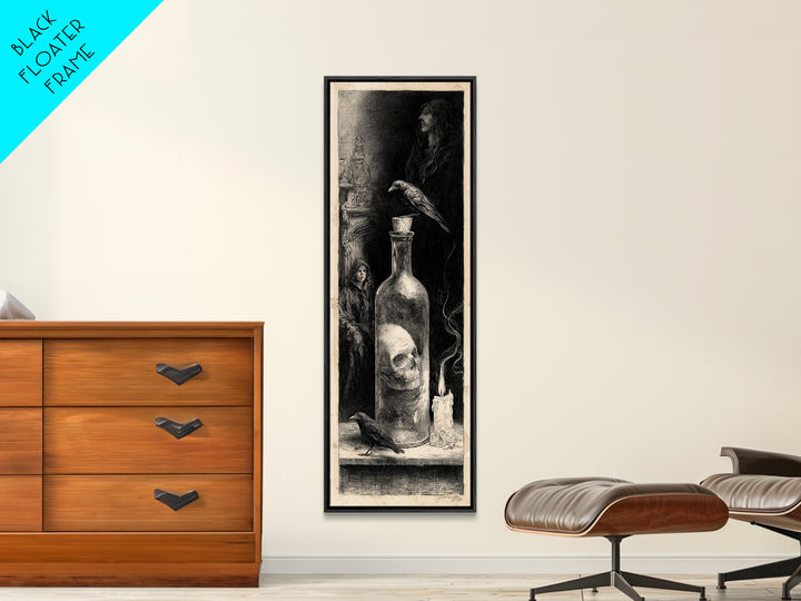 The Bottled Ghost, Gothic Engraving Art, Tall Narrow Wall Art, Macabre Wall Art, Framed Canvas Print, Halloween Wall Art