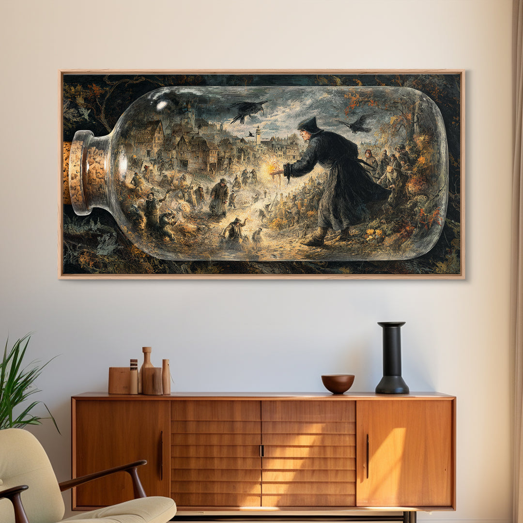 The Bottled Ghost, Northern Renaissance Horror, Wide Panoramic Art, Macabre Wall Art, Framed Canvas Print, Halloween Wall Art