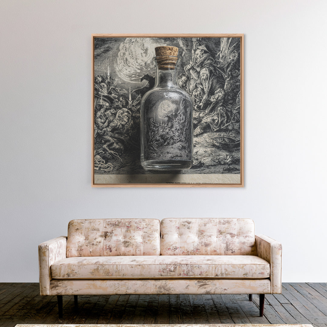 The Bottled Ghost, Renaissance Engraving Art, Square Wall Art, Dark Fantasy Wall Art, Framed Canvas Print, Halloween Wall Art