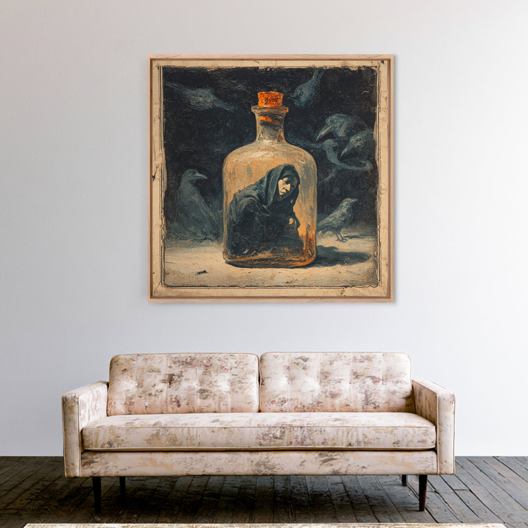The Bottled Ghost, Dark Symbolist Art, Square Wall Art, Dark Halloween Decor, Canvas Print, Halloween Wall Art