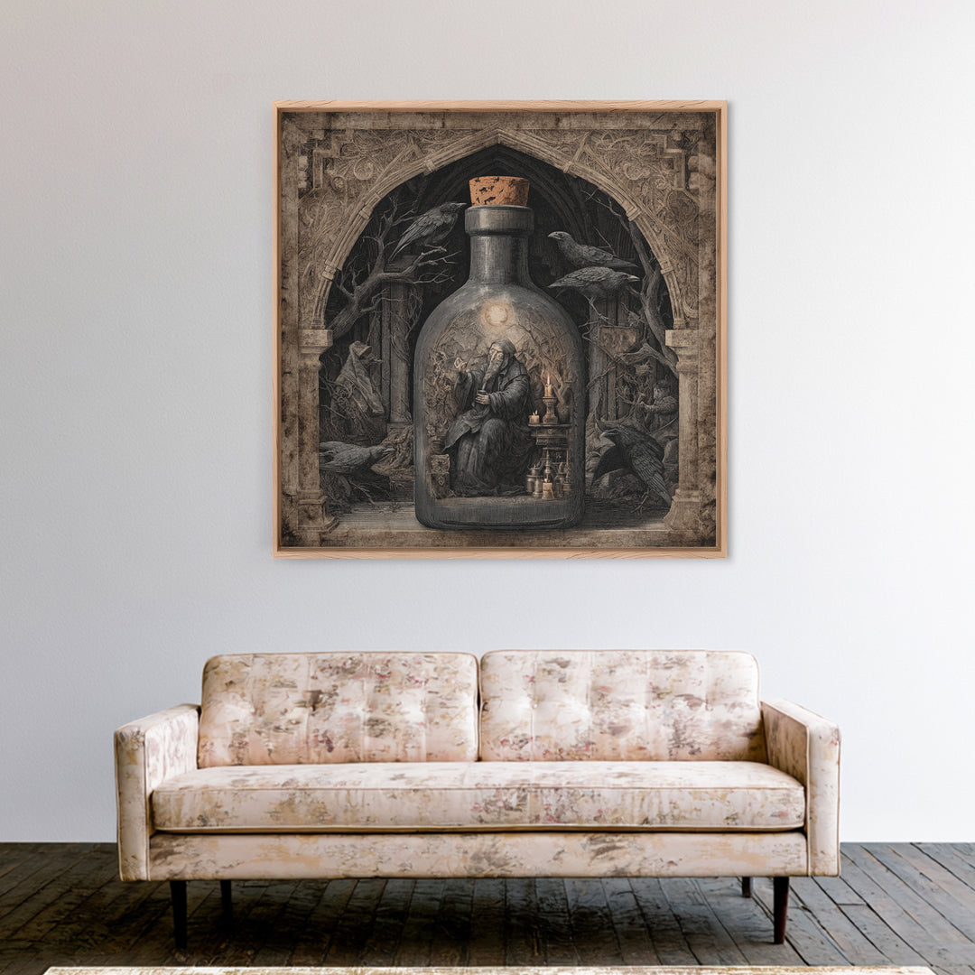 The Bottled Ghost, Symbolist Etching Art, Square Wall Art, Macabre Wall Art, Framed Canvas Print, Halloween Wall Art, Halloween Decor