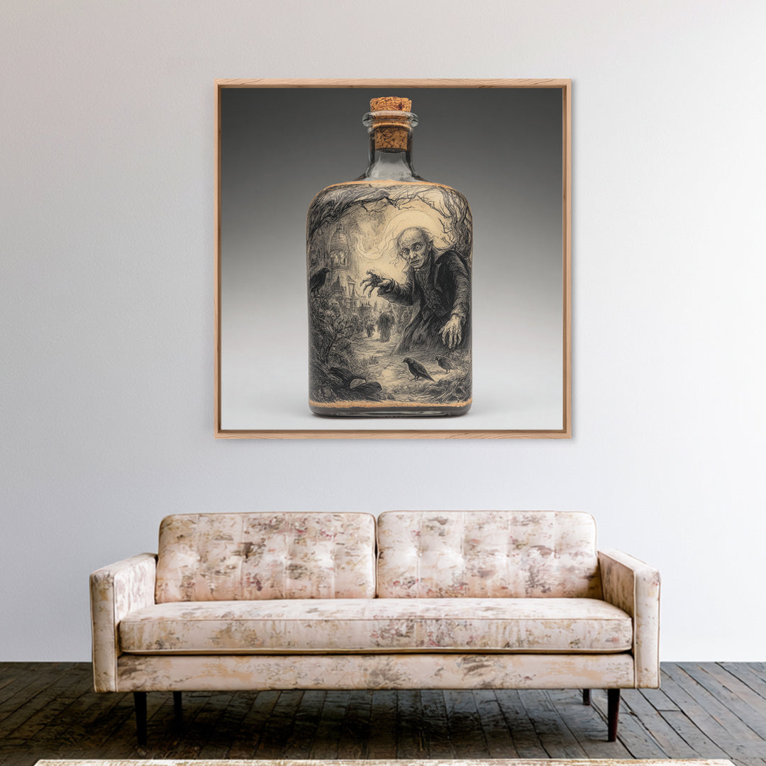 The Bottled Ghost, Expressionist Nightmare Art, Square Wall Art, Dark Fantasy Wall Art, Framed Canvas Print, Halloween Wall Art