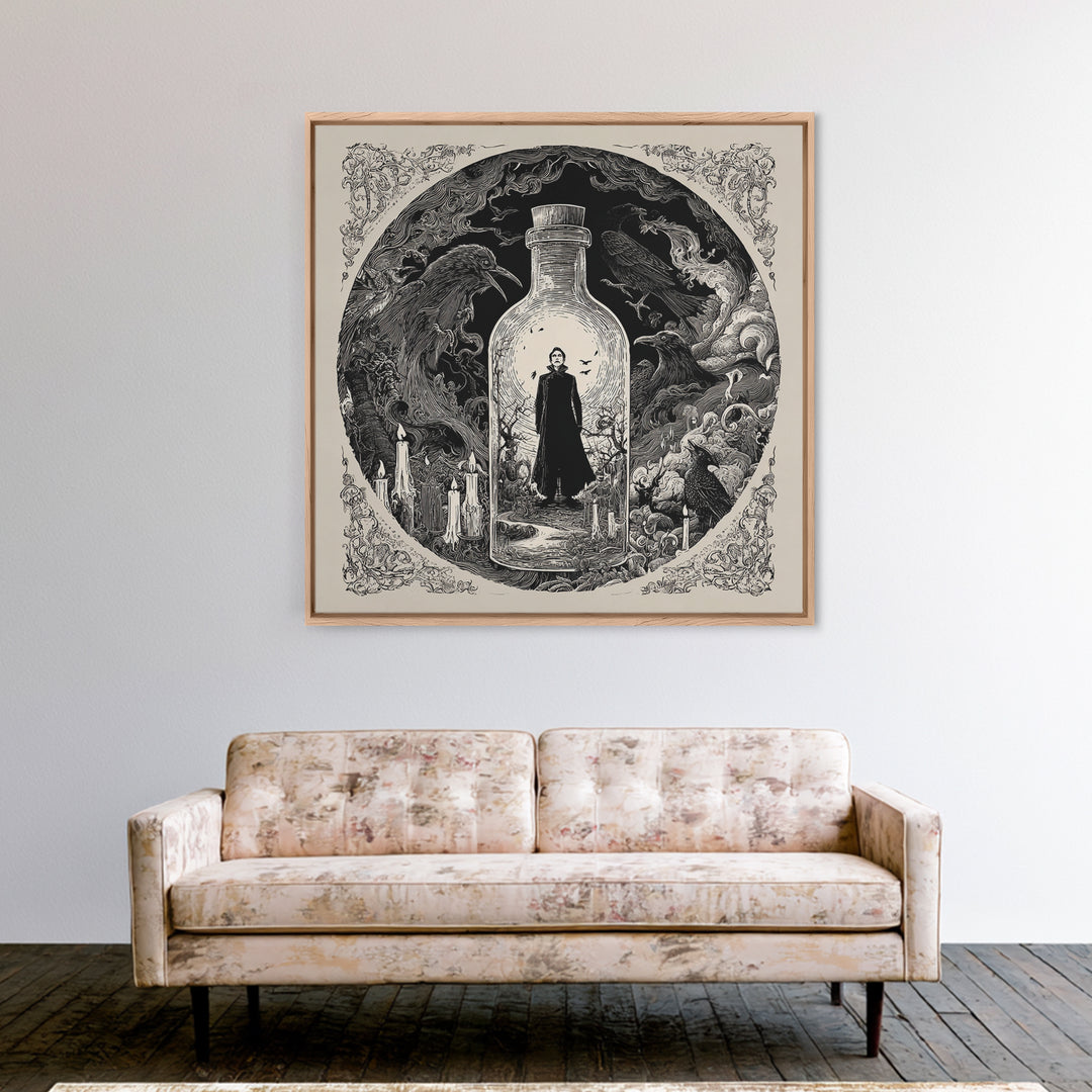 The Bottled Ghost, Decadent Line Art, Square Wall Art, Dark Fantasy Wall Art, Framed Canvas Print, Halloween Wall Art